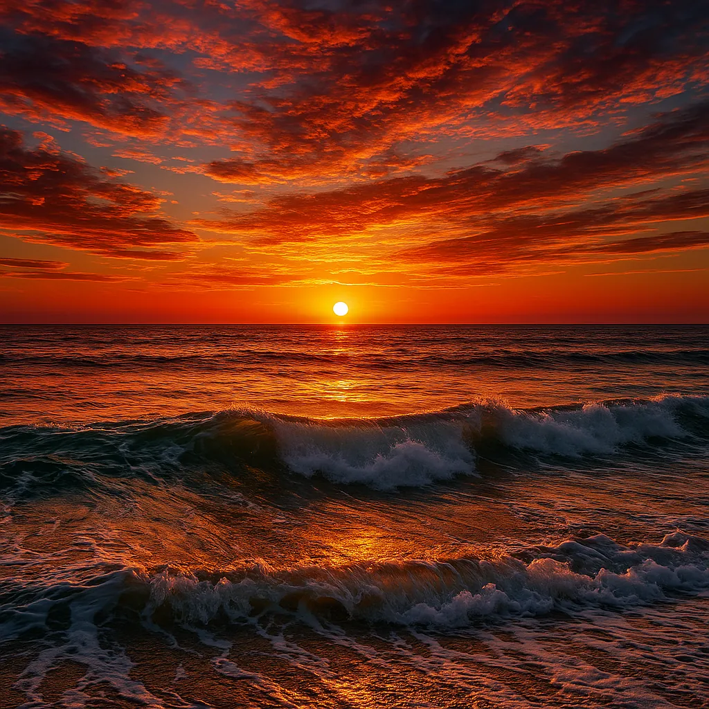The image showcases a breathtaking sunset over the ocean, where the sun is setting on the horizon, casting a warm, golden glow across the sky and water.