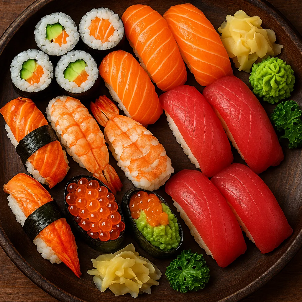 This image showcases a beautifully arranged sushi platter, featuring a variety of colorful sushi pieces.