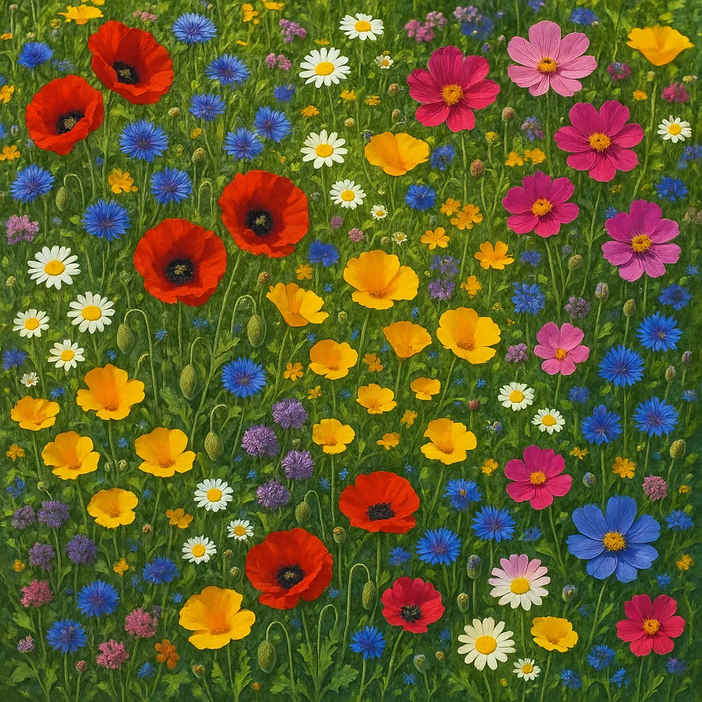This image captures a vivid and colorful wildflower meadow in full bloom.