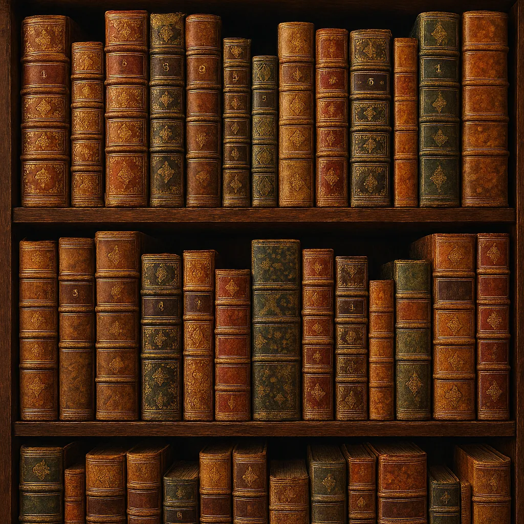 This image showcases an elegant library bookshelf filled with old, leather-bound books.
