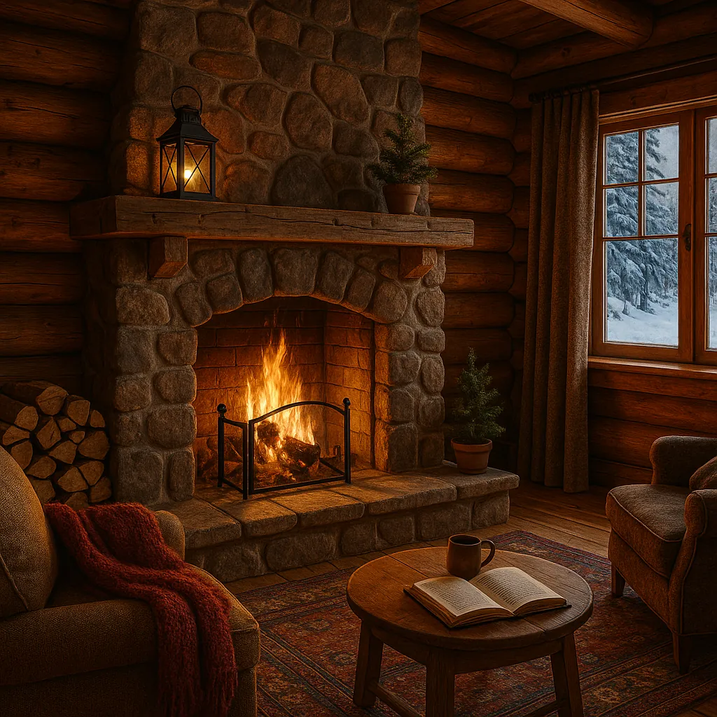 This cozy scene captures the inviting warmth of a stone fireplace in a rustic winter cabin.