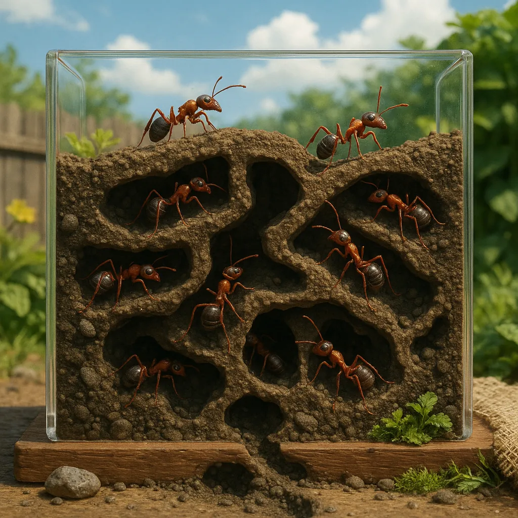 This image depicts a clear ant farm showcasing ants diligently constructing intricate tunnels.