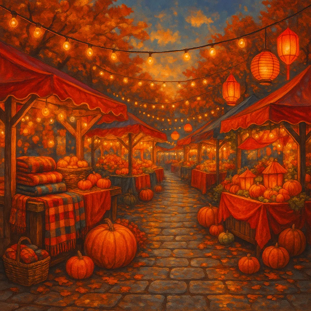 The image depicts a vibrant autumn festival street market, brimming with colorful stalls adorned with glowing string lights and festive lanterns.