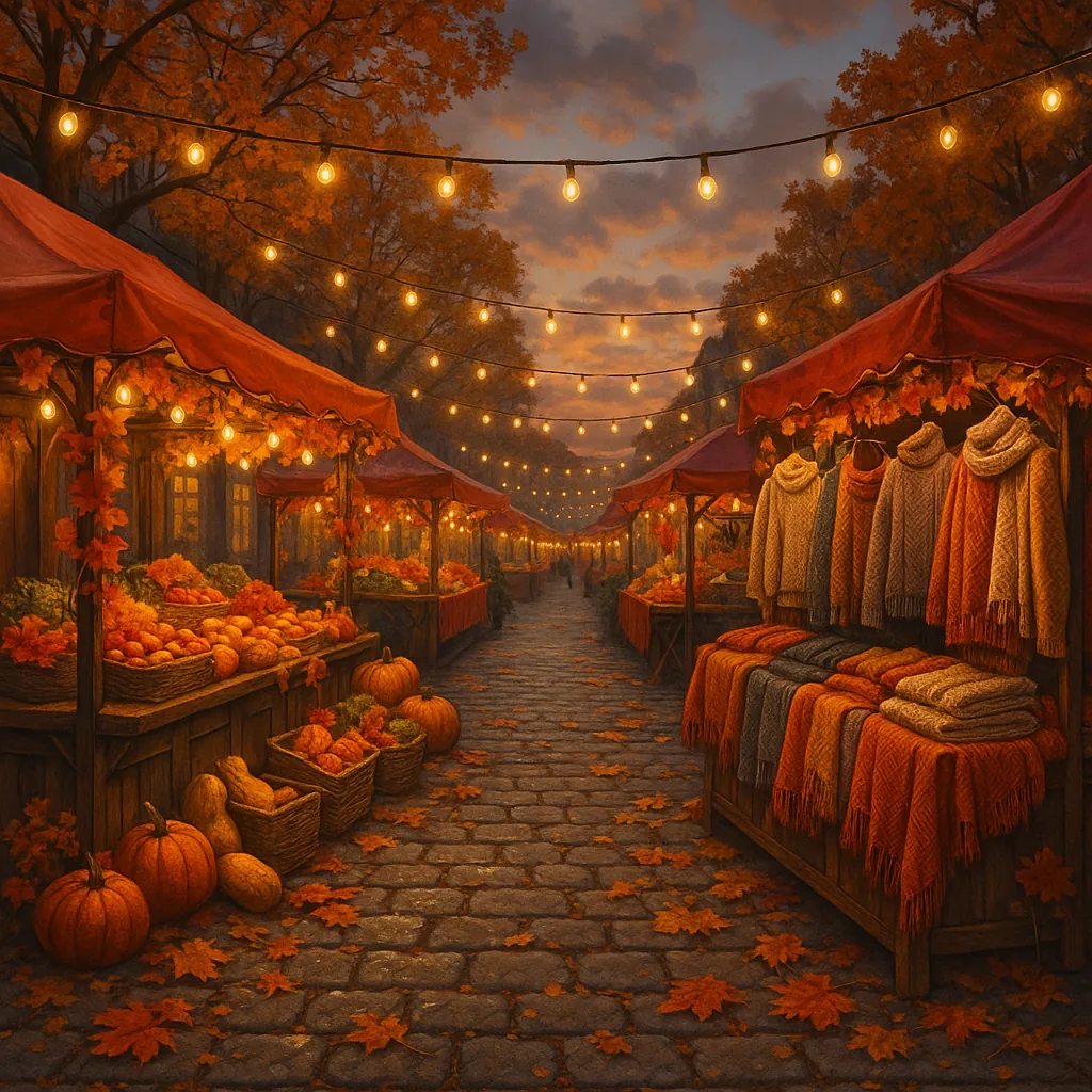This image captures a vibrant autumn street market set at dusk.