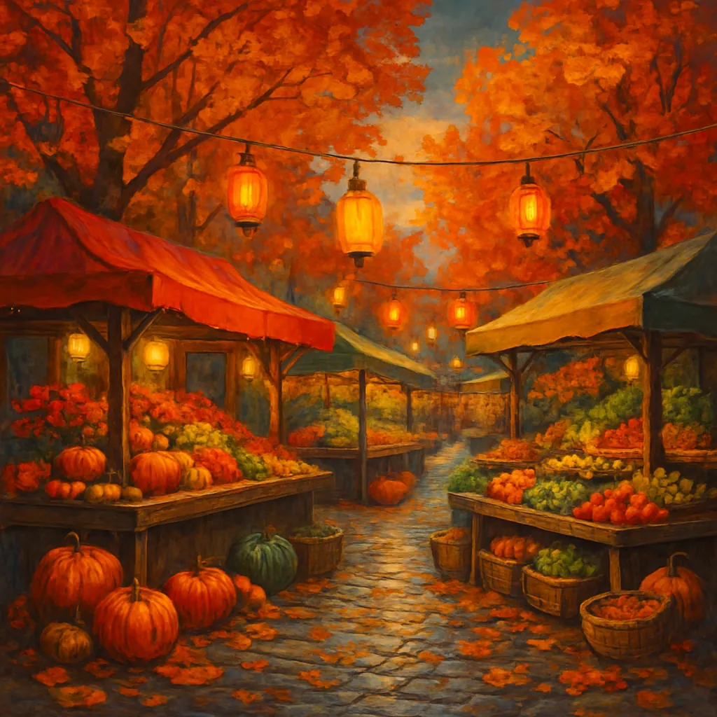 This image captures a vibrant autumn market scene, brimming with seasonal produce and colorful stalls.