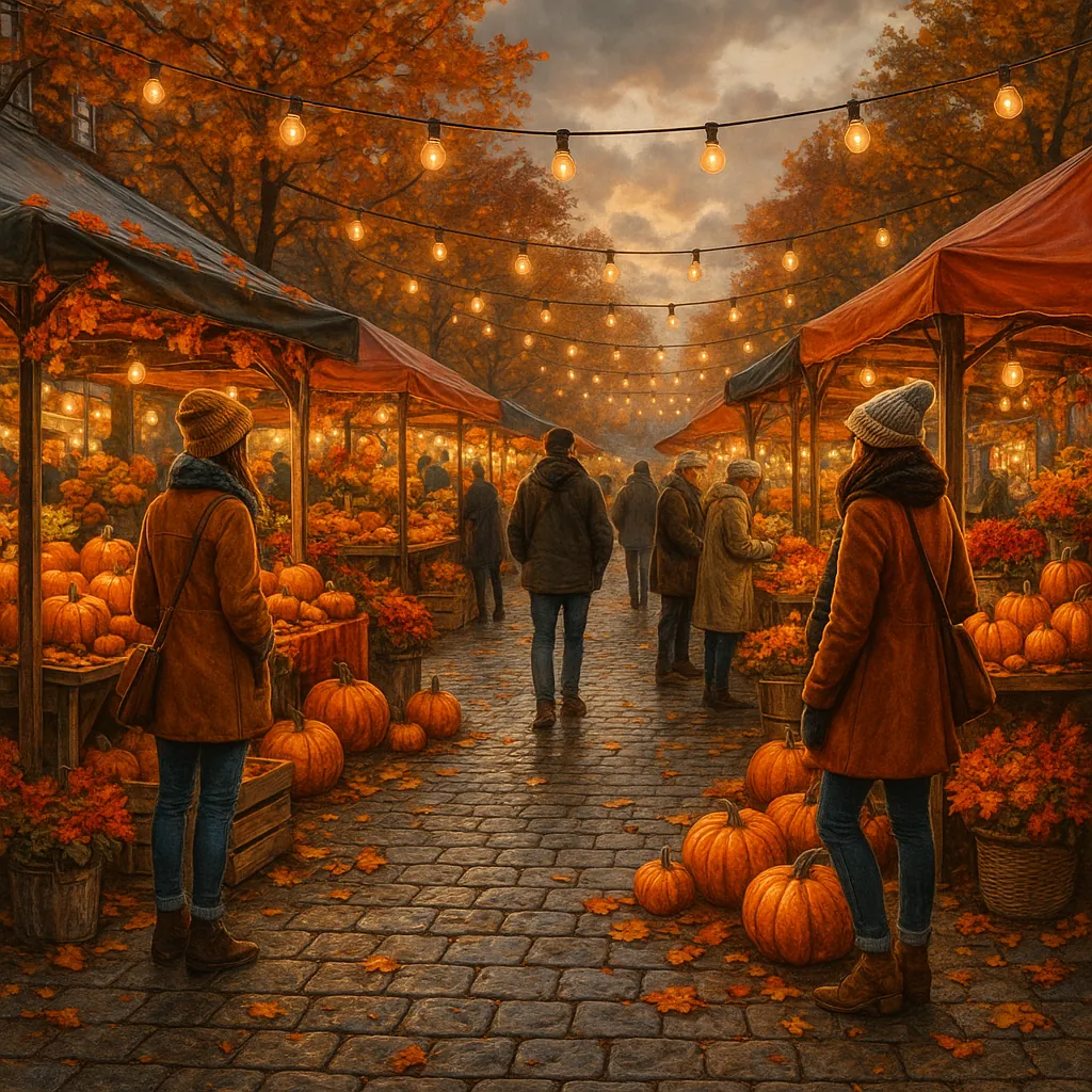 This image captures a lively autumn street market scene, set under a canopy of warm, glowing string lights.