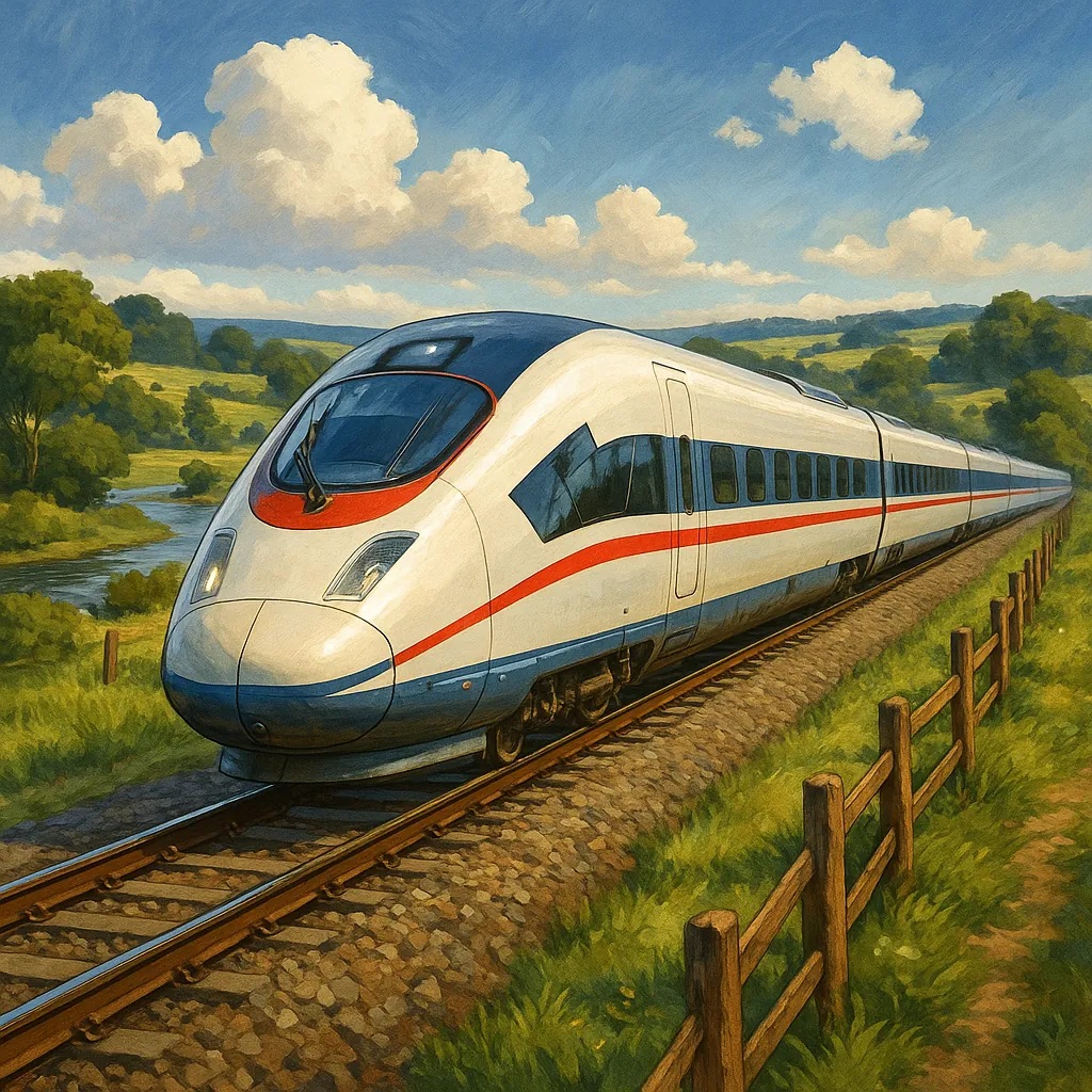 This image captures a high-speed bullet train racing through a picturesque countryside setting.