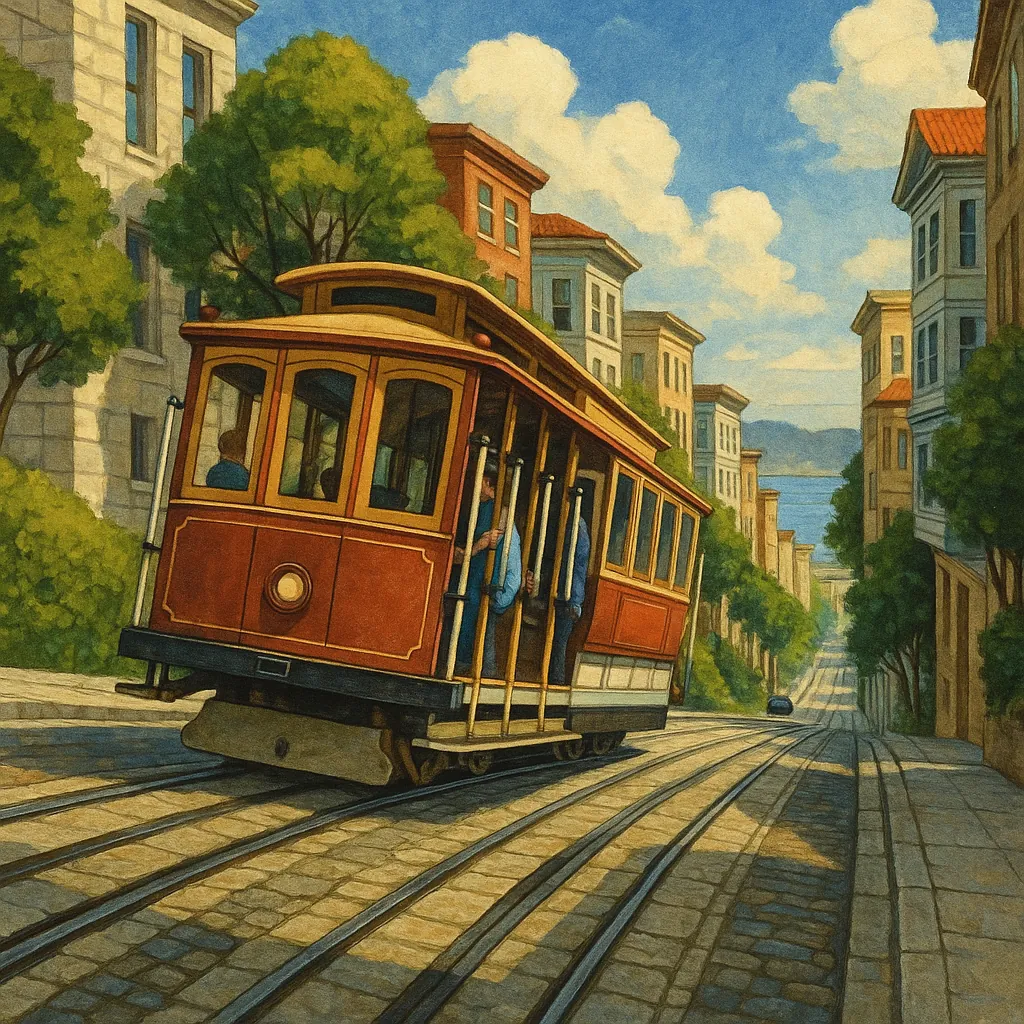 This image depicts a classic red cable car climbing a steep, cobblestone-paved street in an urban environment.