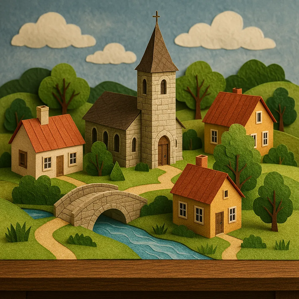 This image depicts a quaint village crafted from paper, set on a tabletop.