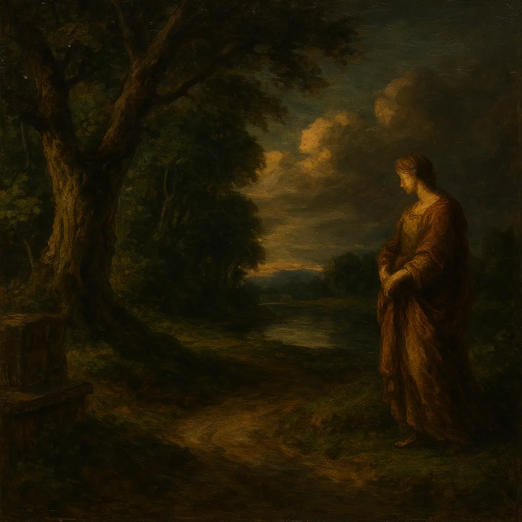 This classical oil painting features a serene landscape with dramatic chiaroscuro lighting.