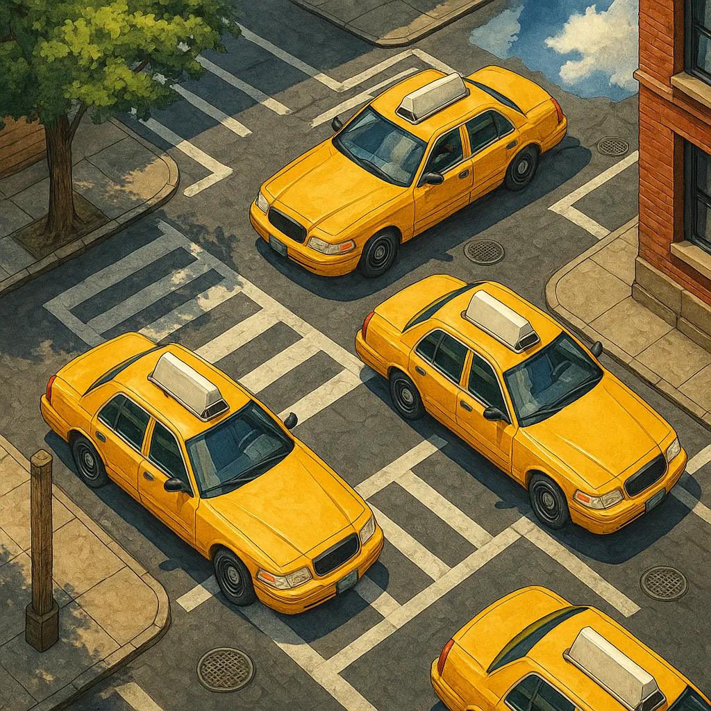 This illustration offers an aerial view of a bustling city intersection populated by iconic yellow taxi cabs.