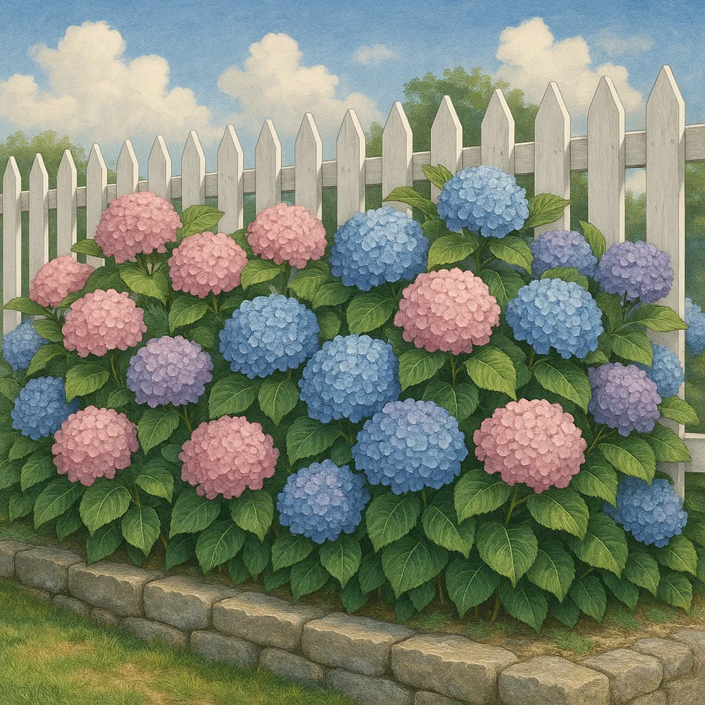 This image showcases vibrant hydrangea bushes blooming along a classic white picket fence.