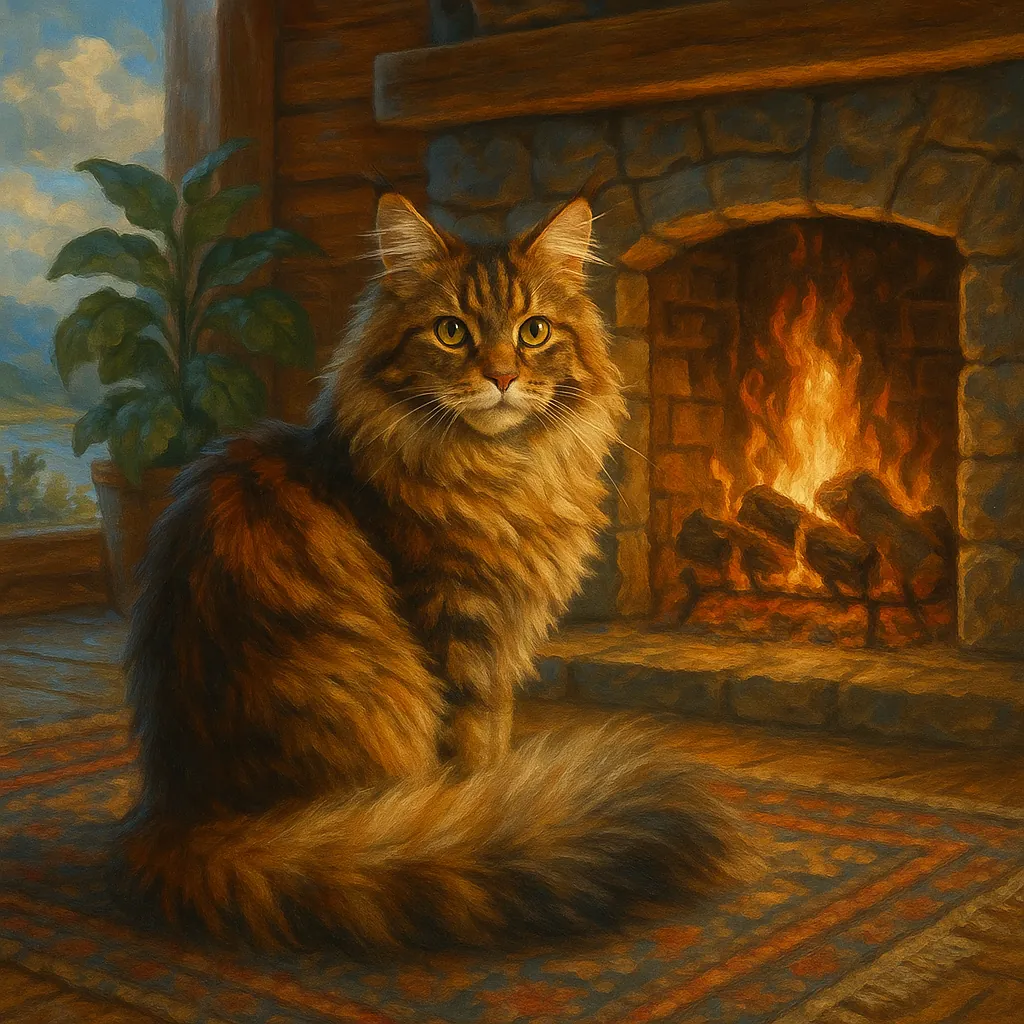 A majestic Maine Coon cat with a lush, fluffy tail sits comfortably in front of a roaring fireplace.