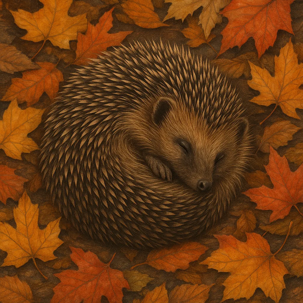 This image depicts a hedgehog peacefully curled up among a bed of autumn leaves.