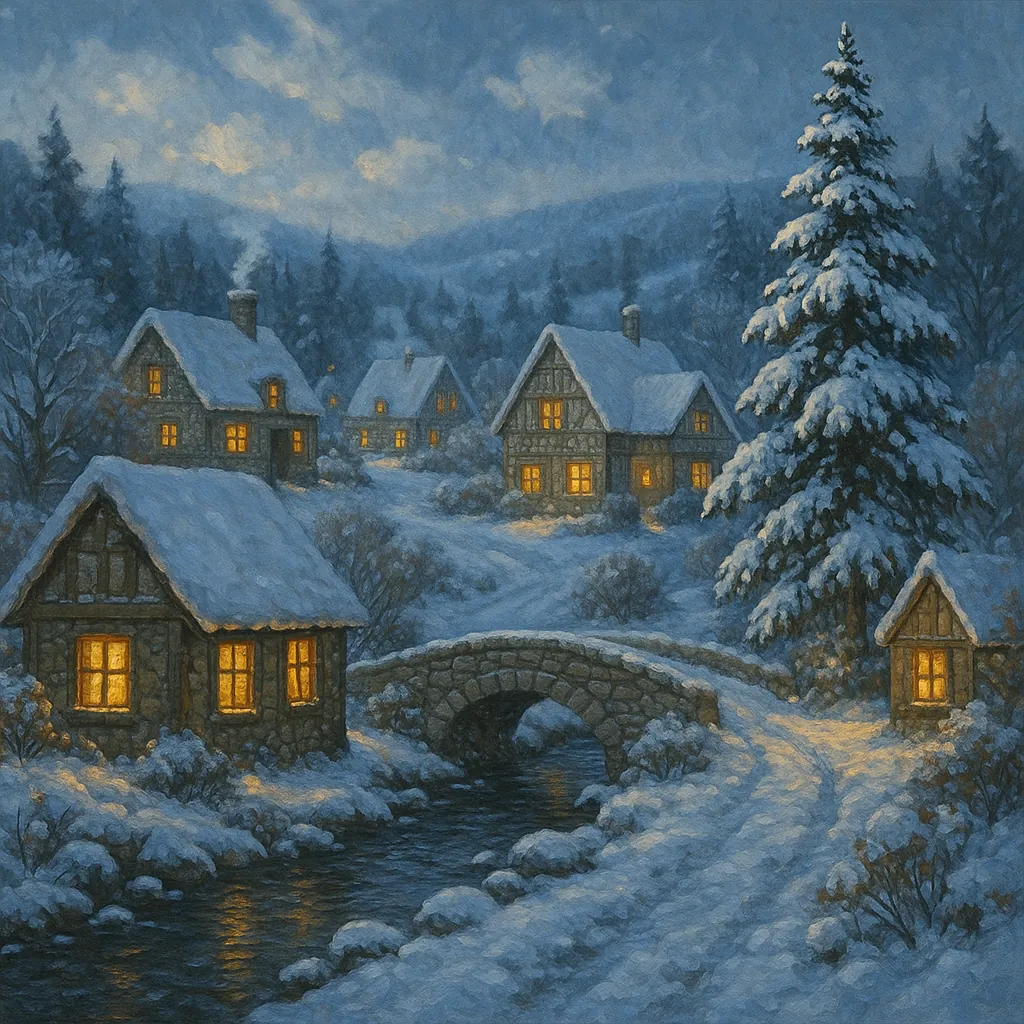 This enchanting image captures a serene winter village blanketed in snow.