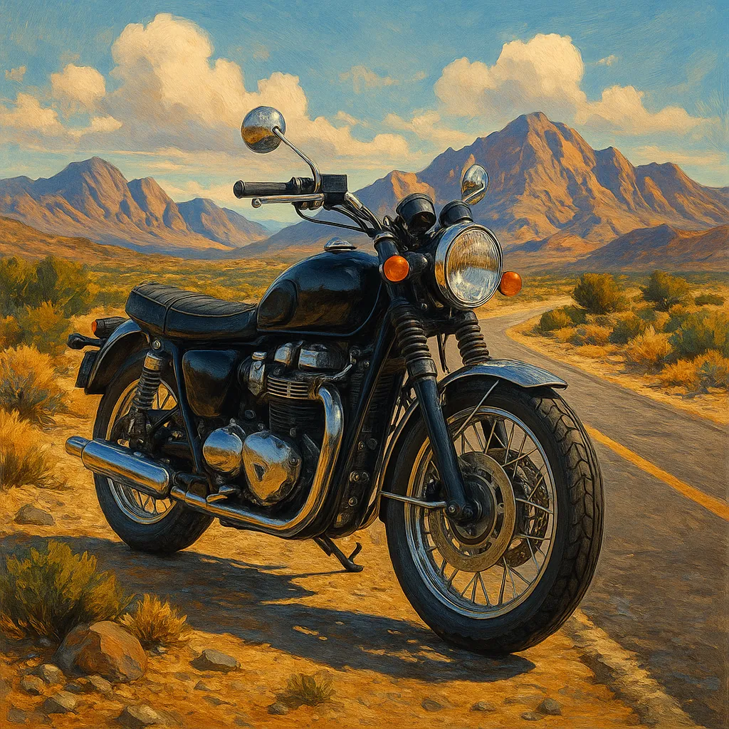 This image features a classic motorcycle parked on a sunlit desert road, set against a backdrop of rugged mountains.