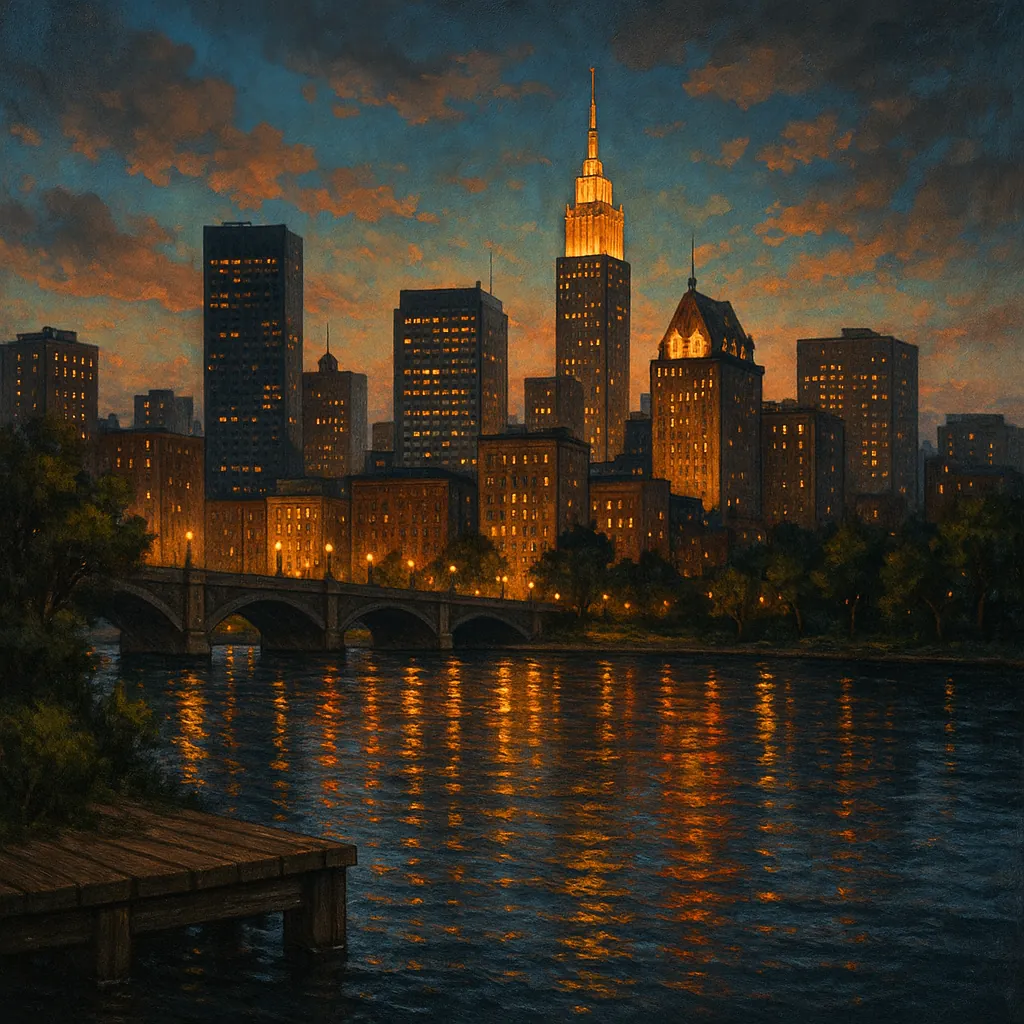 This image captures a serene cityscape at dusk, showcasing a skyline illuminated by warm, glowing lights.