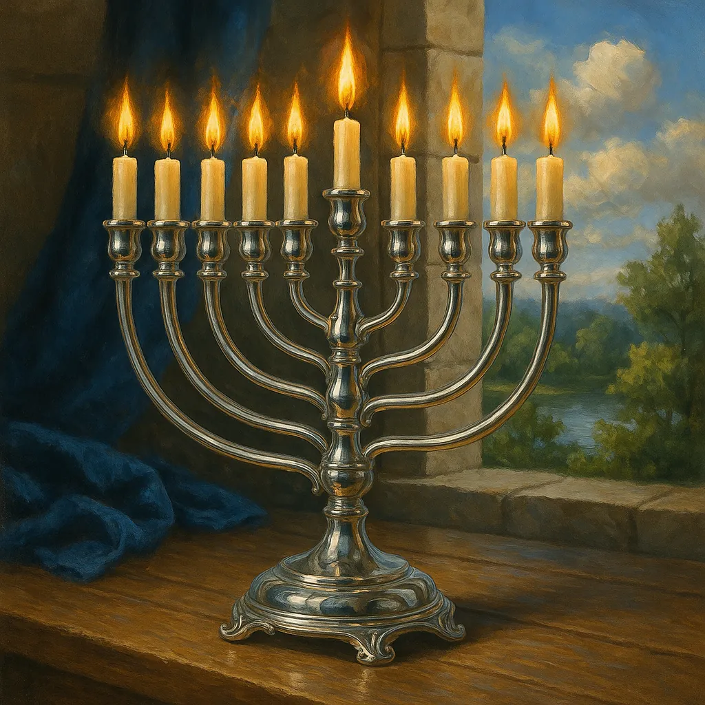 The image depicts a polished silver menorah with nine lit candles, each flame casting a warm glow.