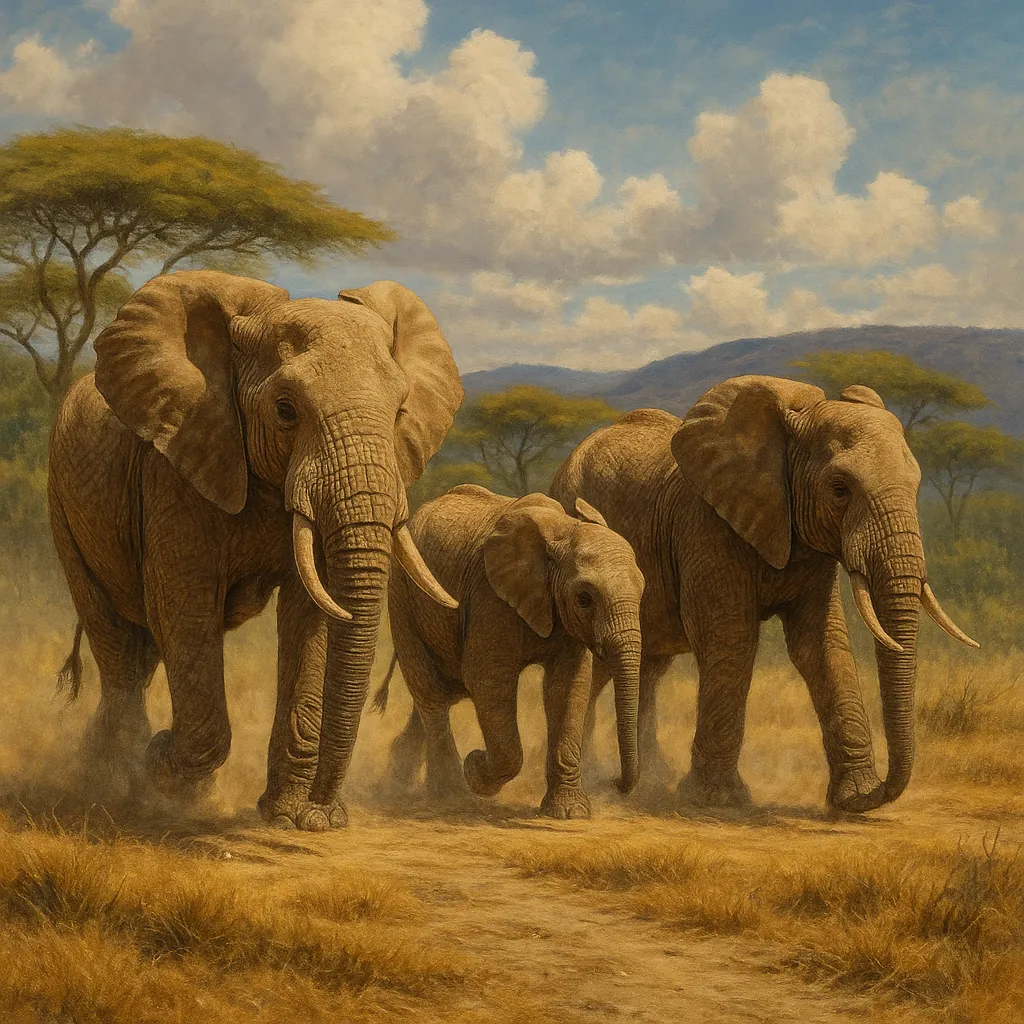 A family of elephants strides purposefully across a dusty savannah landscape.