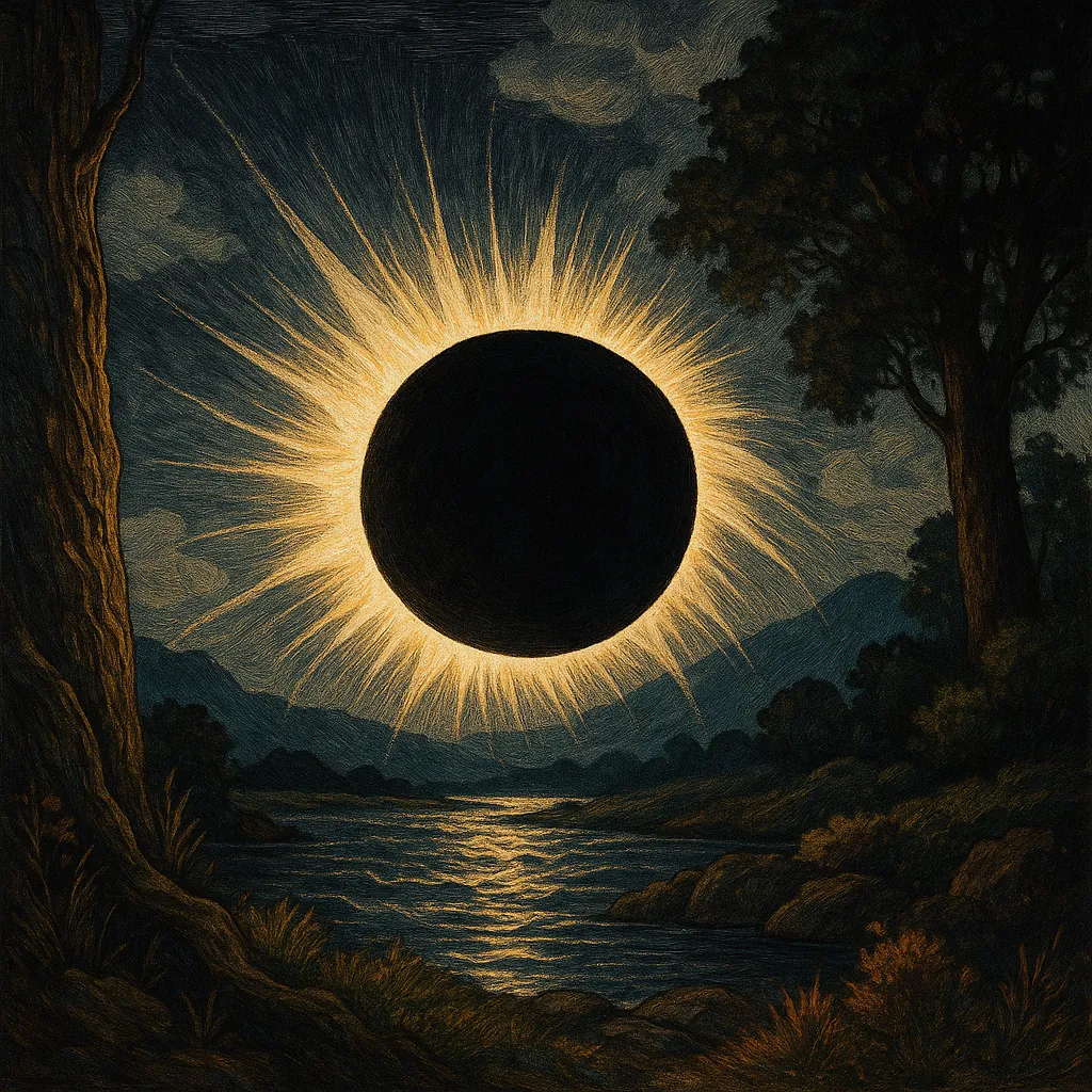 This captivating image showcases a solar eclipse with the sun's corona dramatically visible as a radiant halo around the darkened silhouette of the moon.