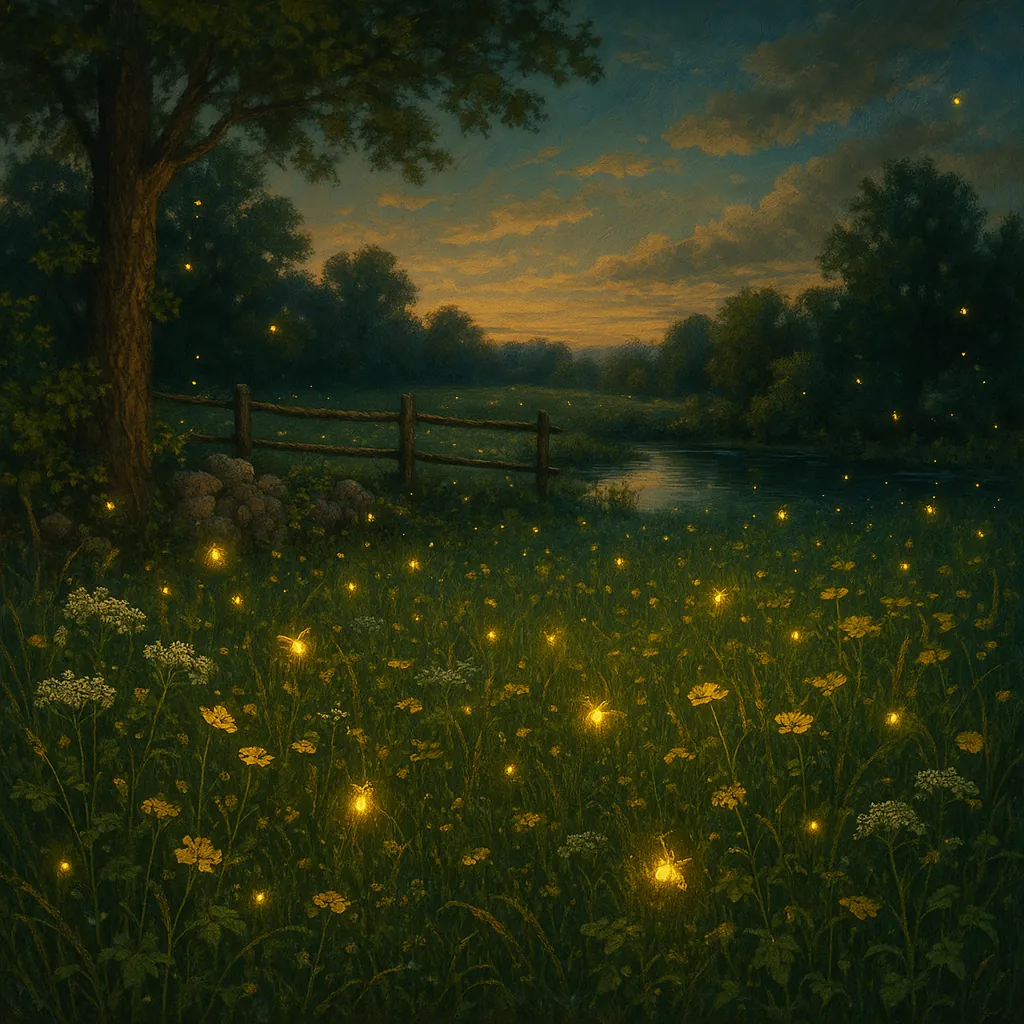 This enchanting image captures a serene meadow at dusk, where countless fireflies dance and illuminate the scene with their gentle glow.