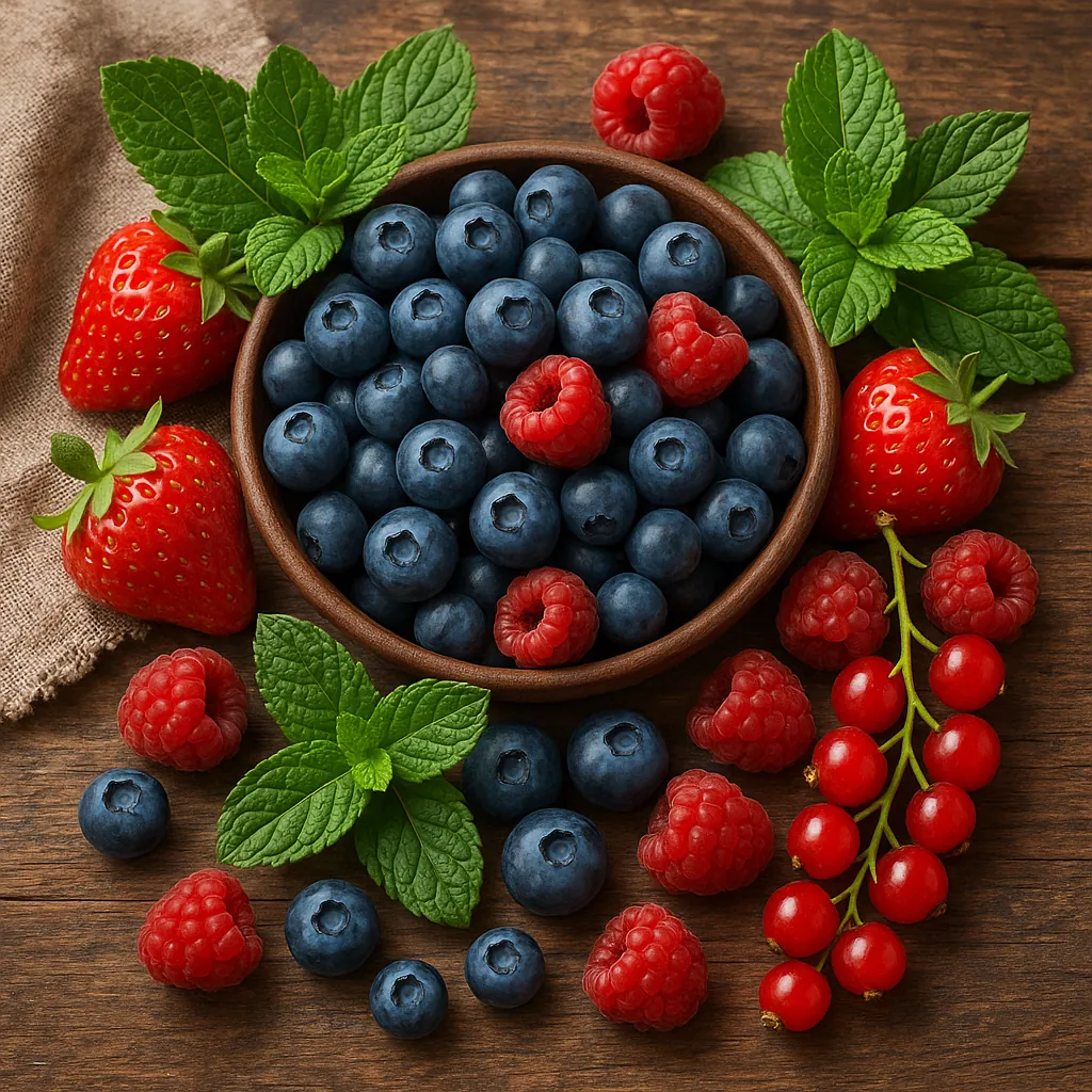 This vibrant image showcases a rustic wooden table adorned with a delightful assortment of fresh berries.