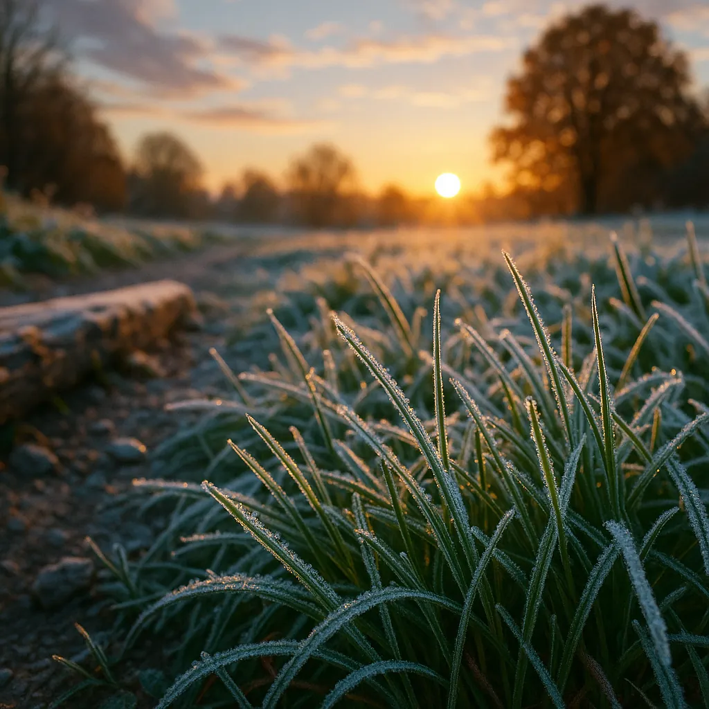This image captures the serene beauty of a sunrise over a field of grass dusted with the first frost.