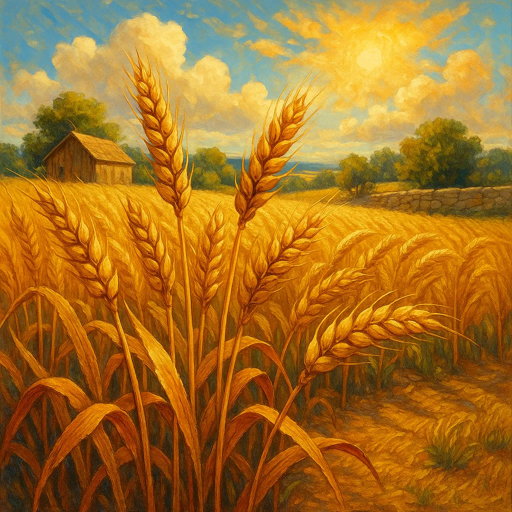 This image captures a sun-drenched wheat field ready for harvest.