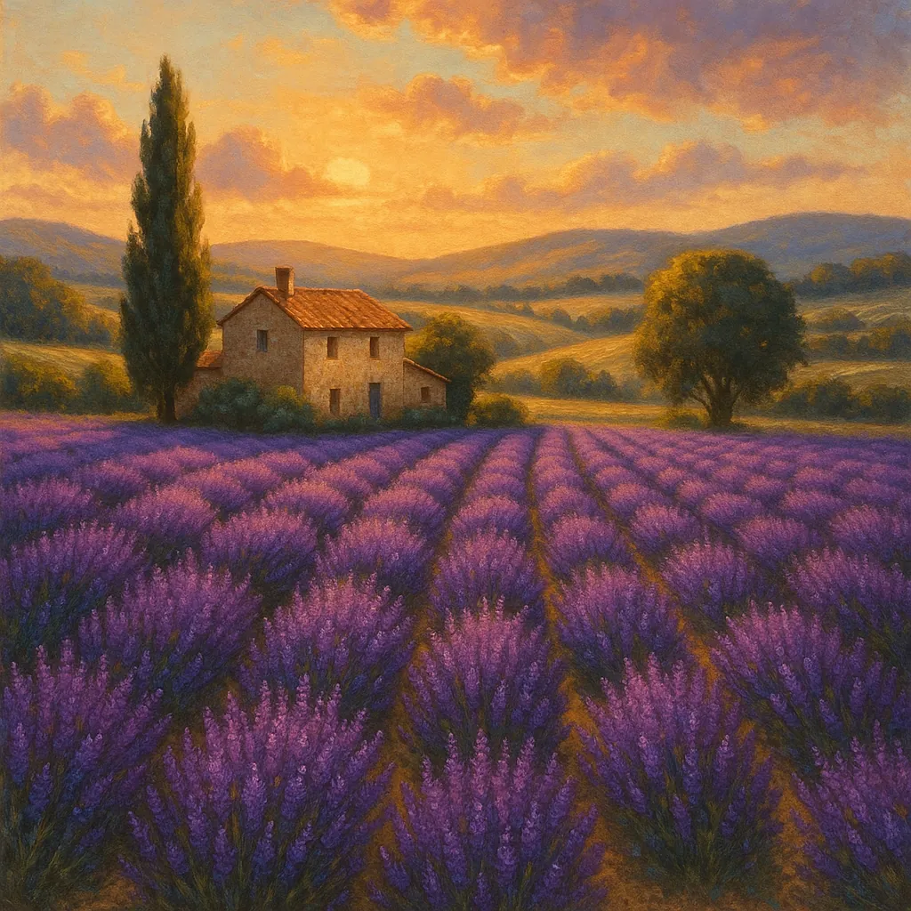 This image captures a serene landscape of lavender fields stretching towards the horizon, bathed in the warm glow of the golden hour.
