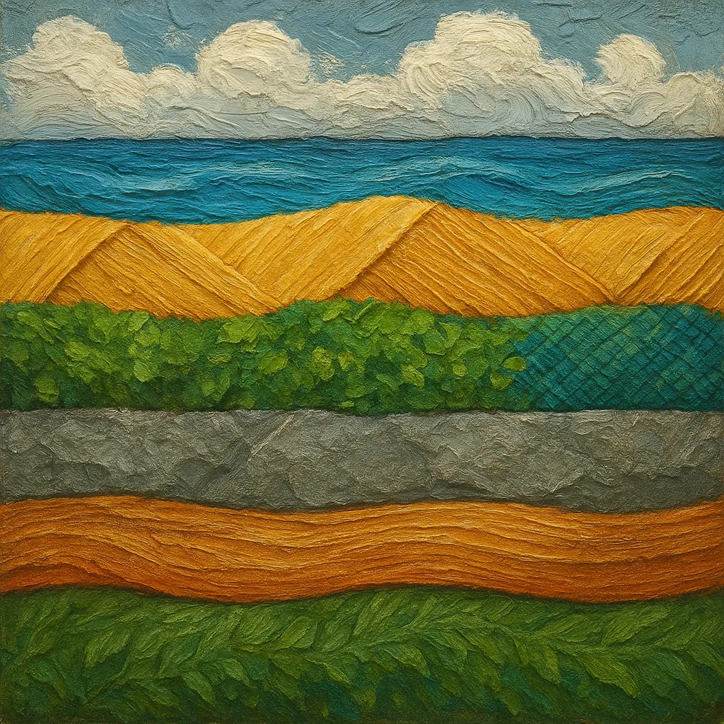 This vibrant artwork features a series of textured paint strokes forming horizontal stripes, each with distinct colors and patterns.
