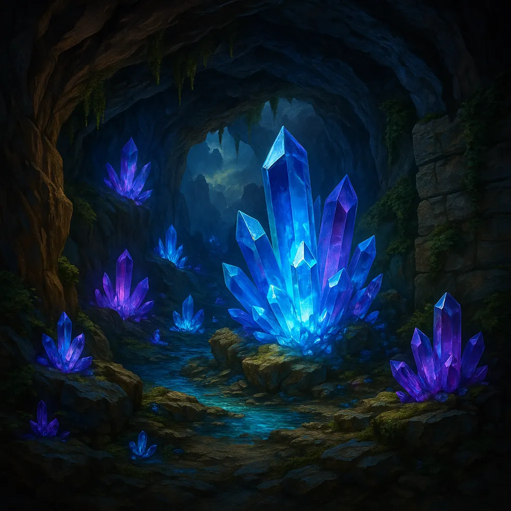 This image depicts a mystical cave adorned with vibrant, luminous crystals.