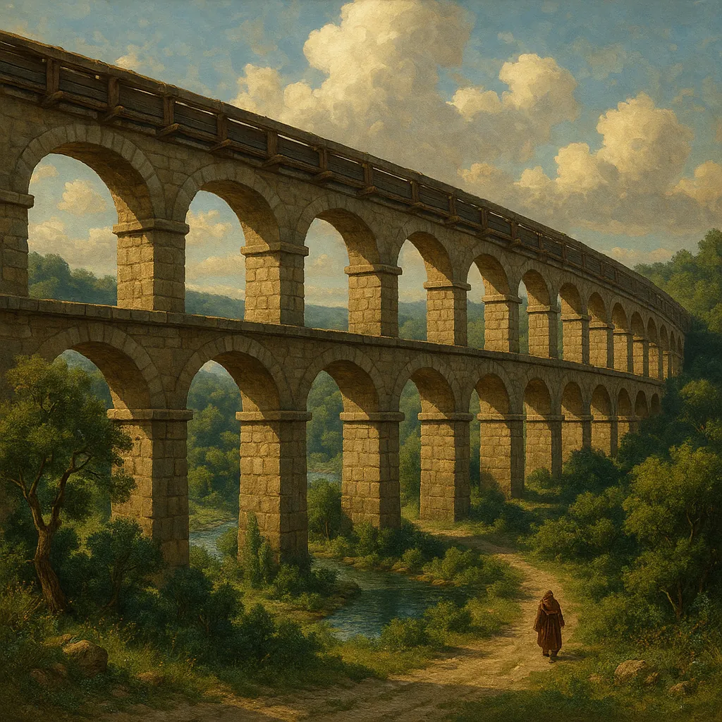 This image showcases a grand ancient Roman aqueduct stretching across a verdant valley.