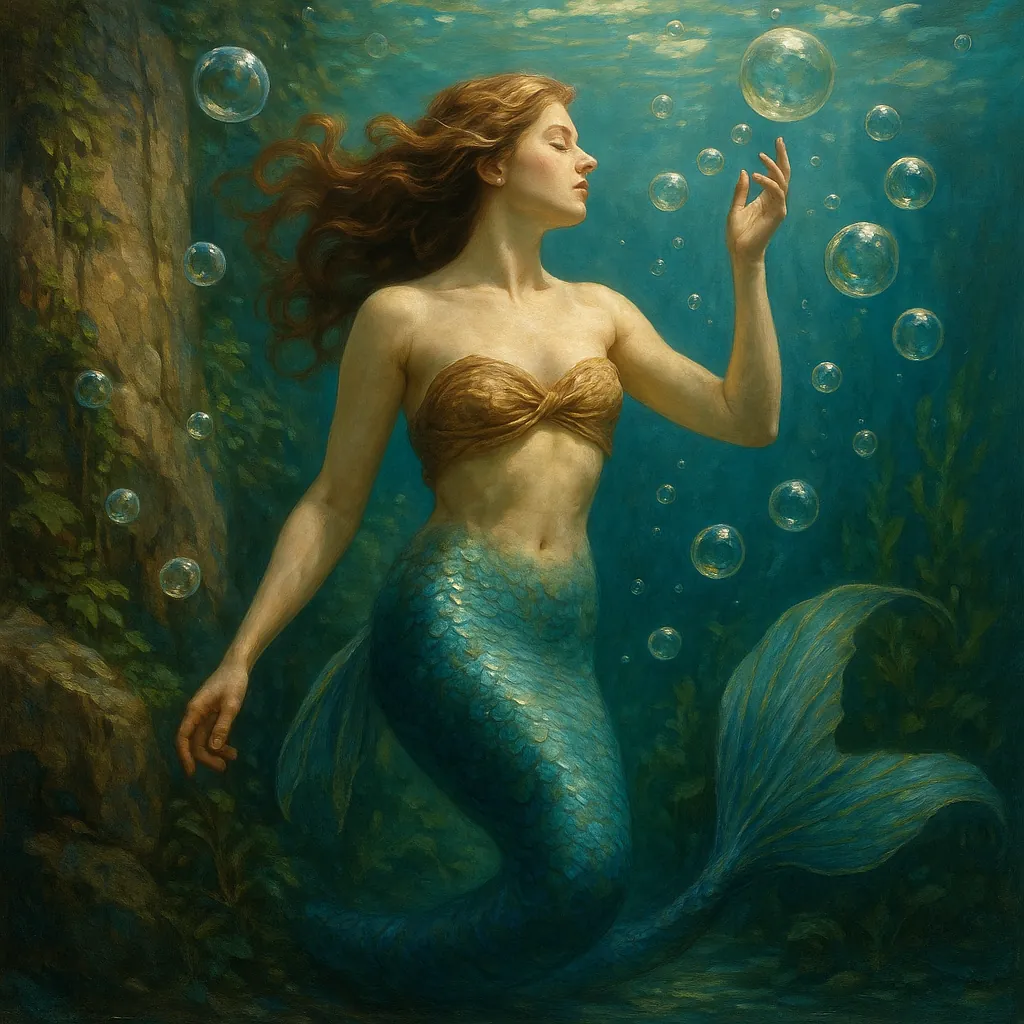 The image depicts a serene underwater scene featuring a mermaid gracefully floating among shimmering bubbles.
