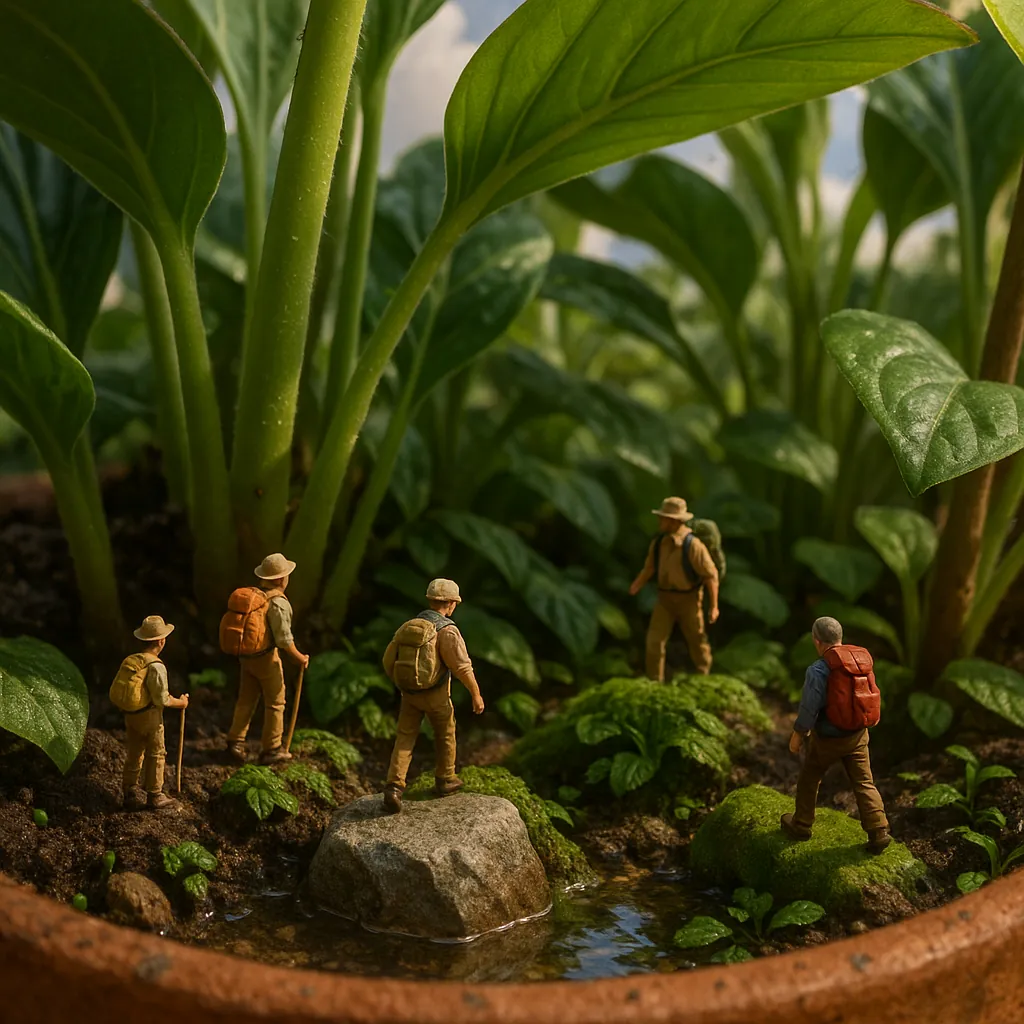 This captivating image depicts small figurines resembling explorers, venturing through a lush, vibrant houseplant jungle.