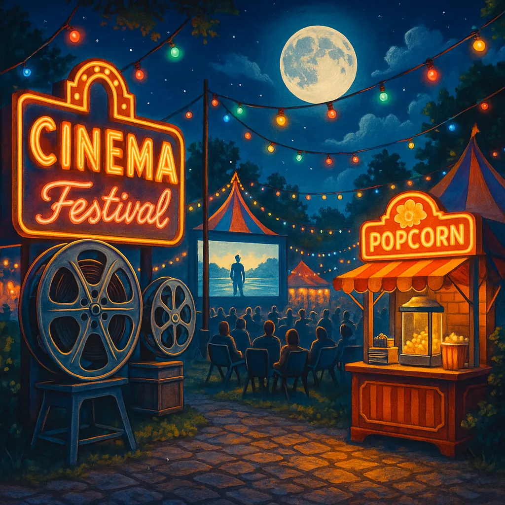 This vibrant image captures a lively outdoor cinema festival under a full moon.