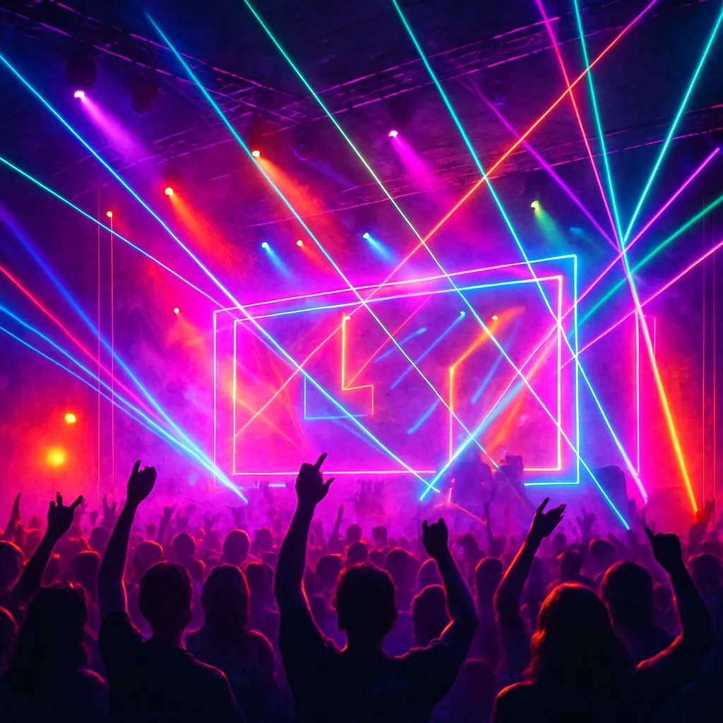 This vibrant image captures the electrifying atmosphere of a concert stage, illuminated by dazzling neon lights and colorful lasers.