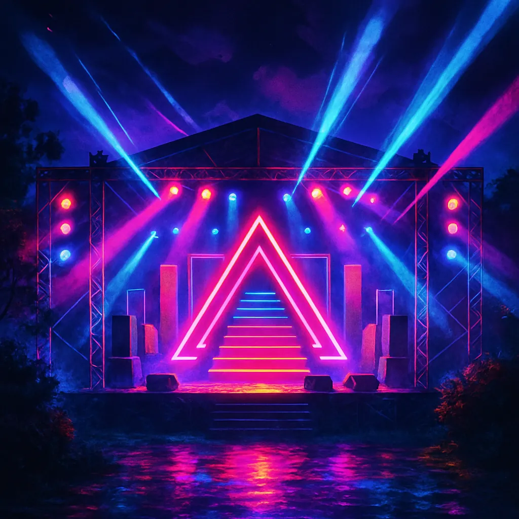 This image captures a vibrant concert stage illuminated at night with striking neon colors.