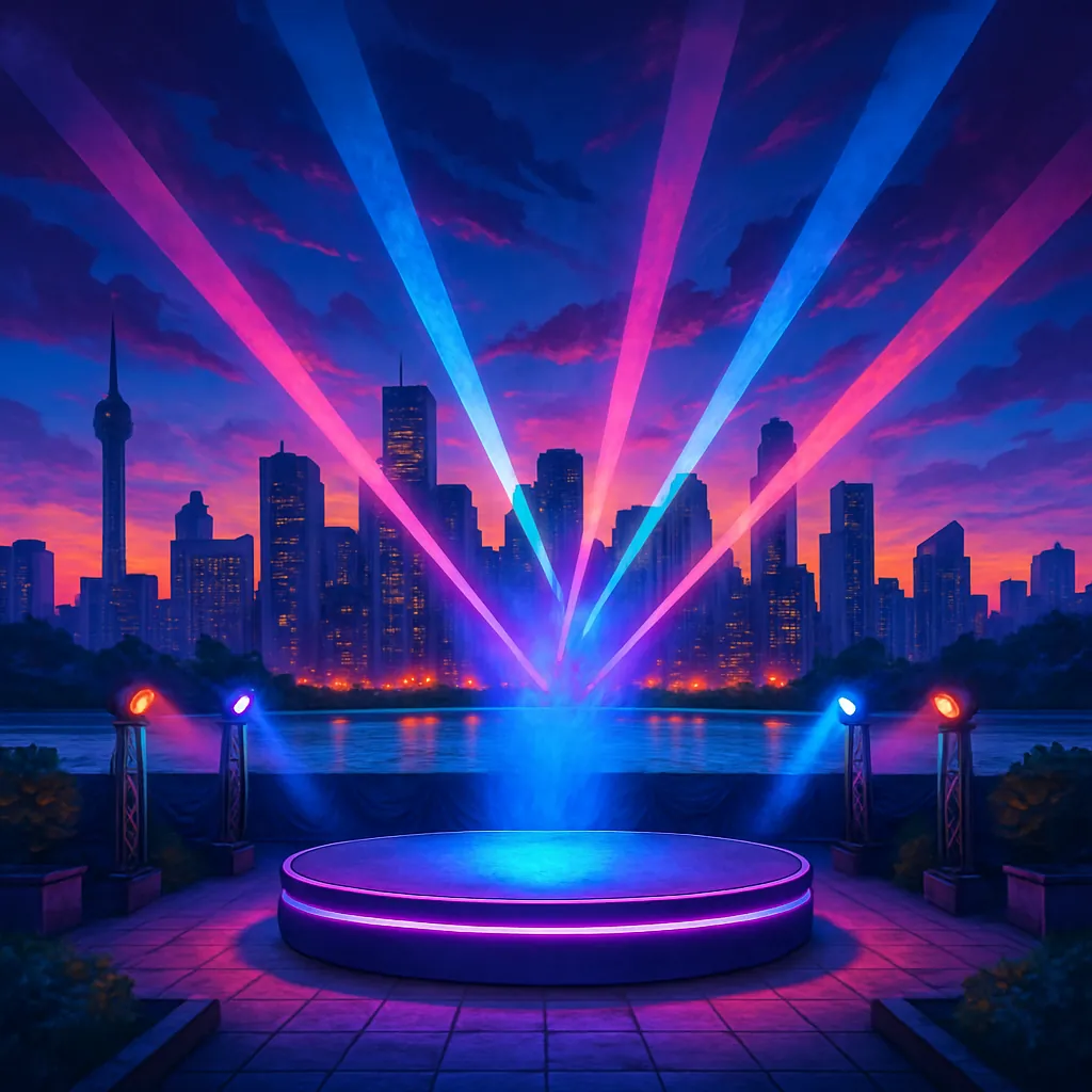 This image captures a vibrant city skyline at dusk, featuring a dynamic and colorful palette of blues, purples, and pinks.