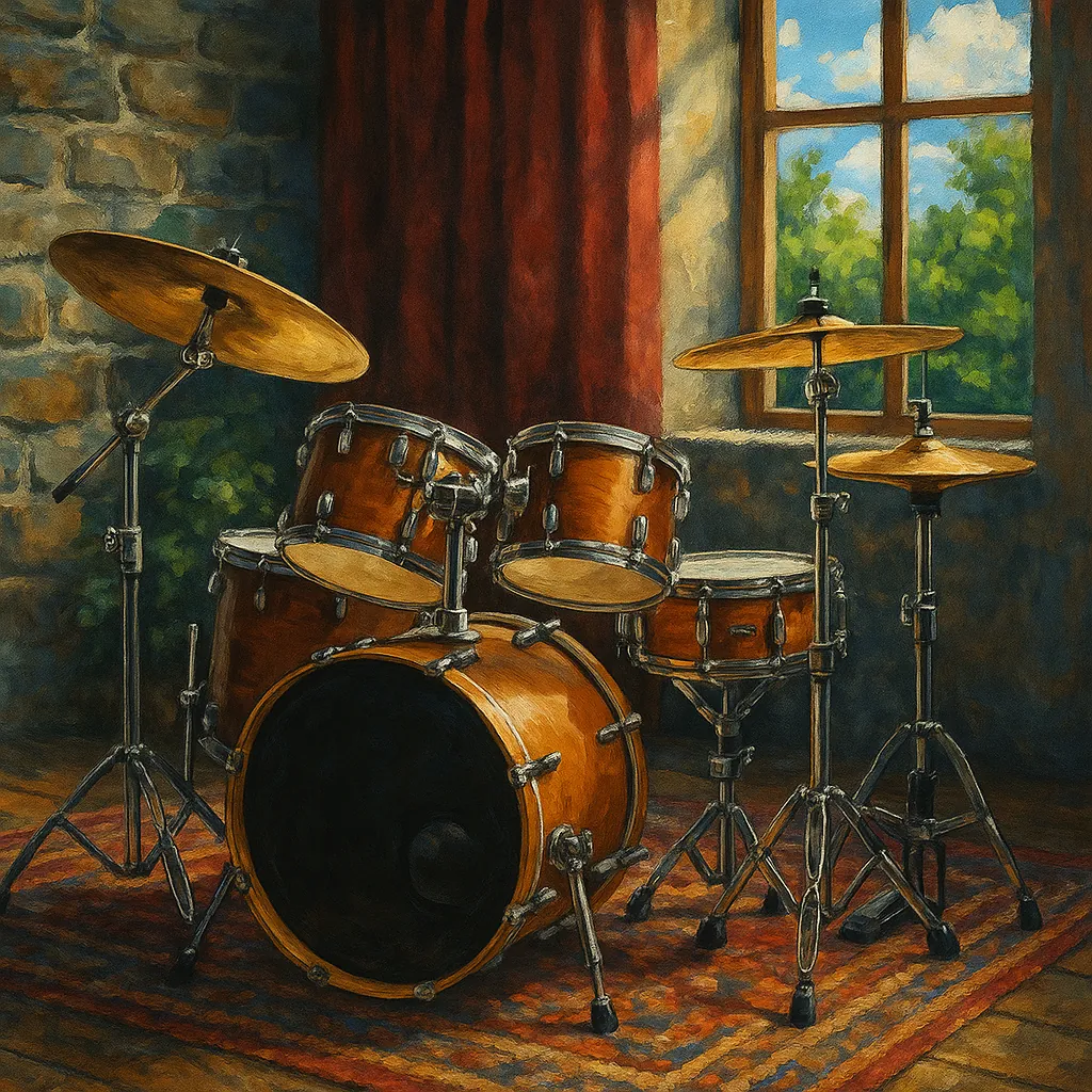 The image depicts a classic drum kit set up in a cozy rehearsal space.