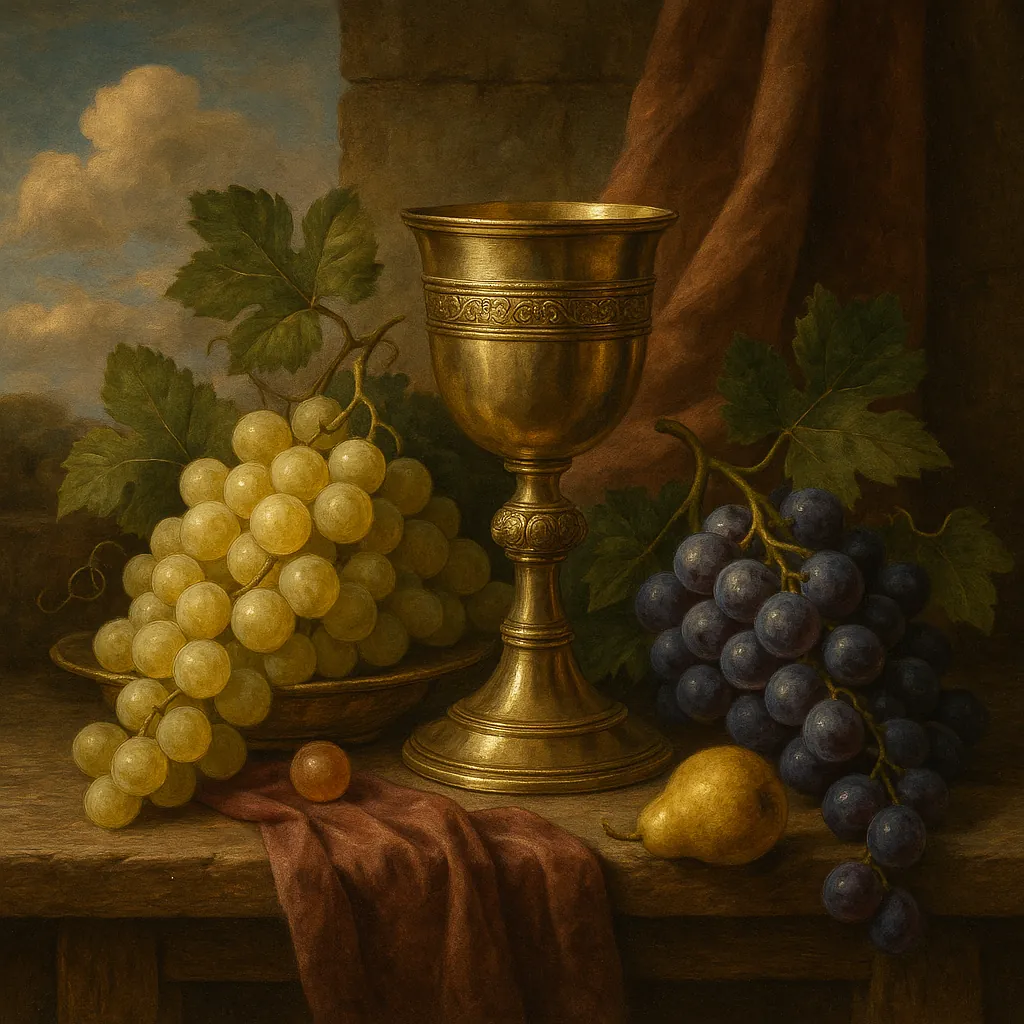 This image captures a Renaissance-style still life featuring a golden chalice, flanked by clusters of green and purple grapes.