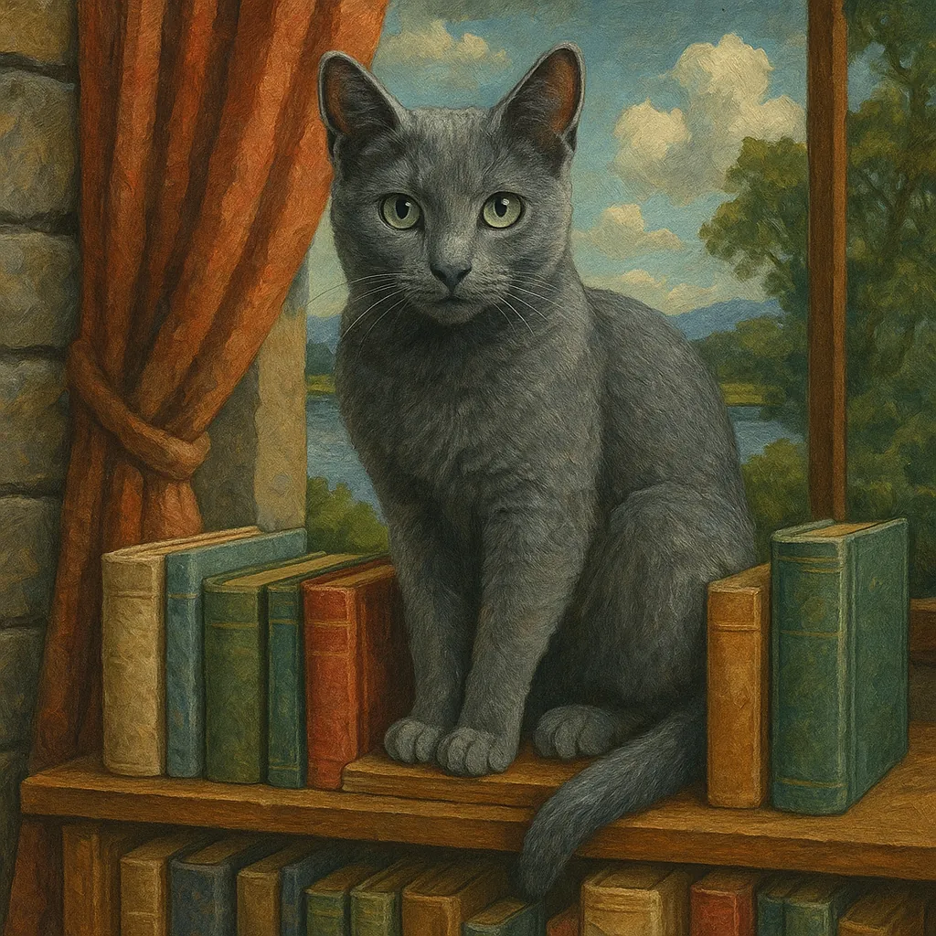 A serene Russian Blue cat sits gracefully on a wooden bookshelf, surrounded by an assortment of colorful books.