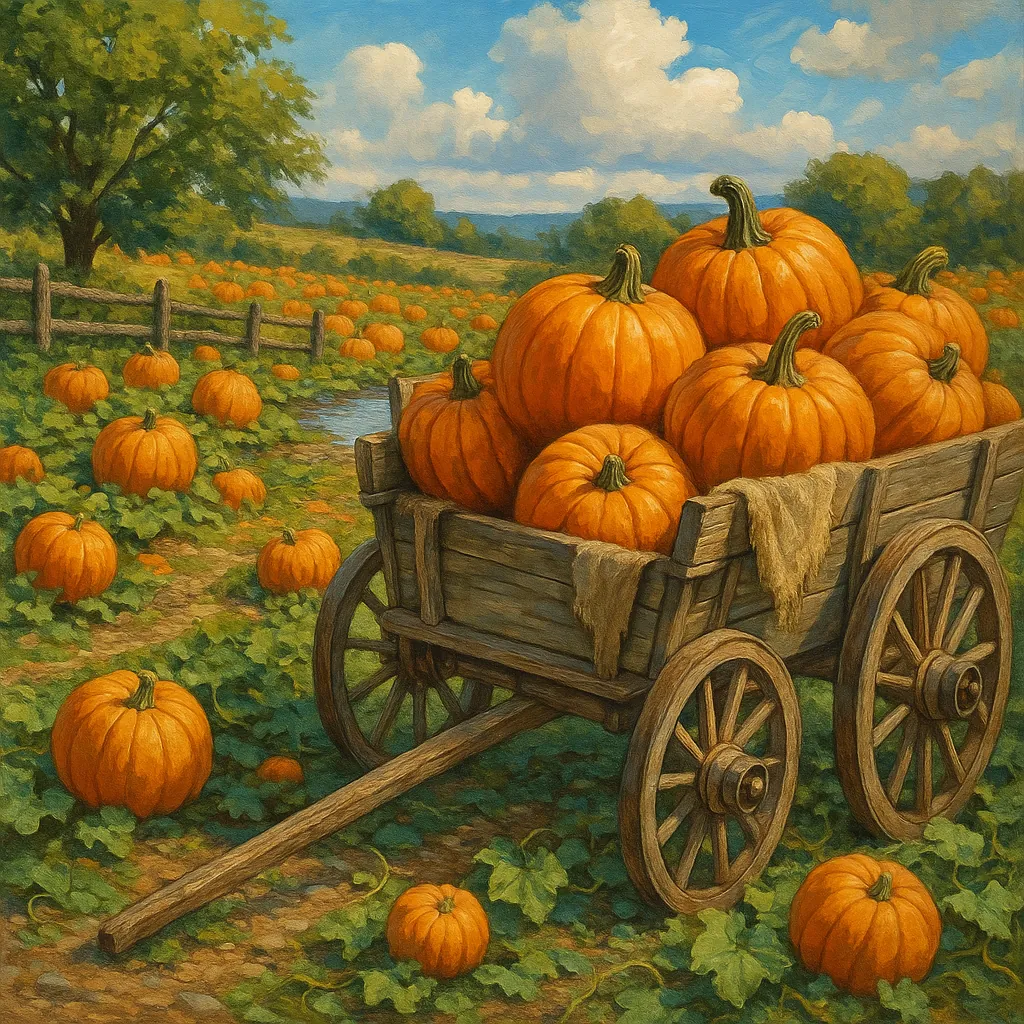 This image depicts a charming rustic scene set in a lush pumpkin patch.