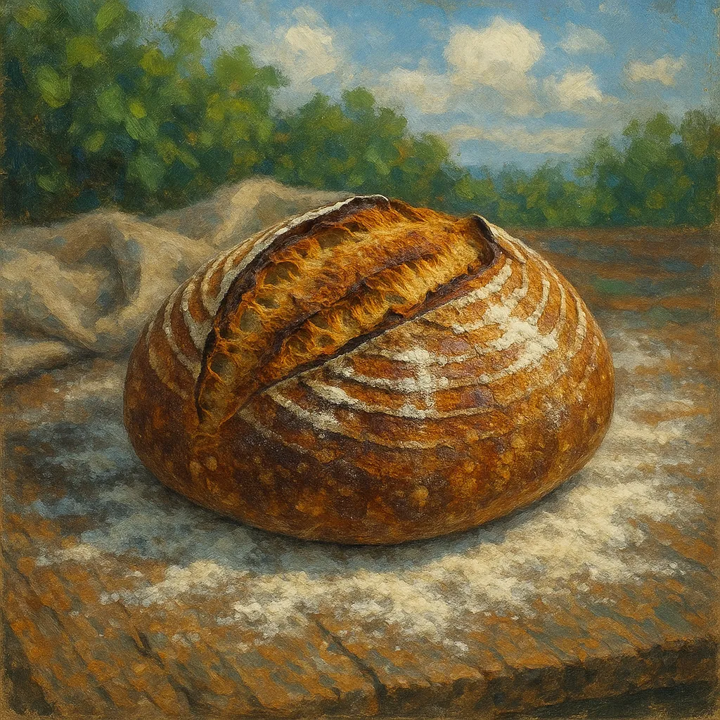 This image features a freshly baked sourdough loaf resting on a floured surface.