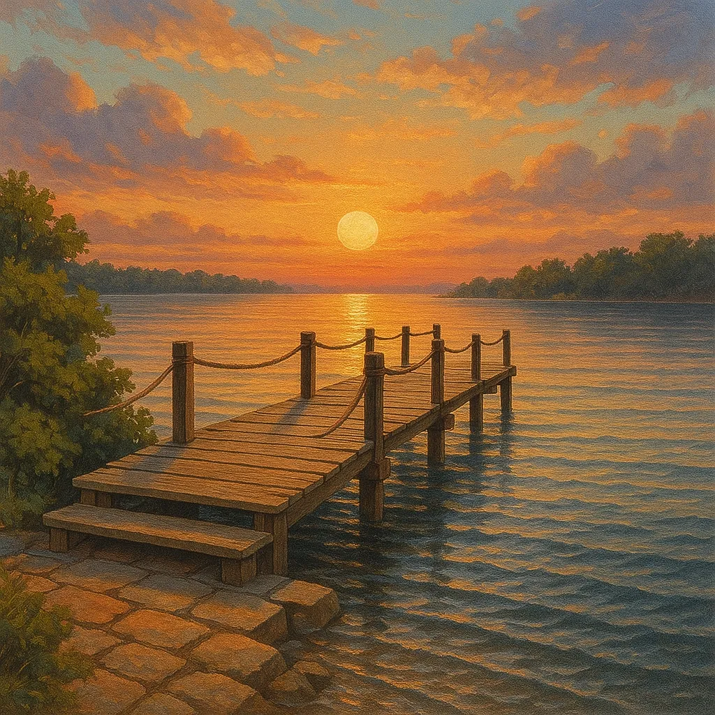 This image captures a serene sunset over a wooden pier extending into calm waters.