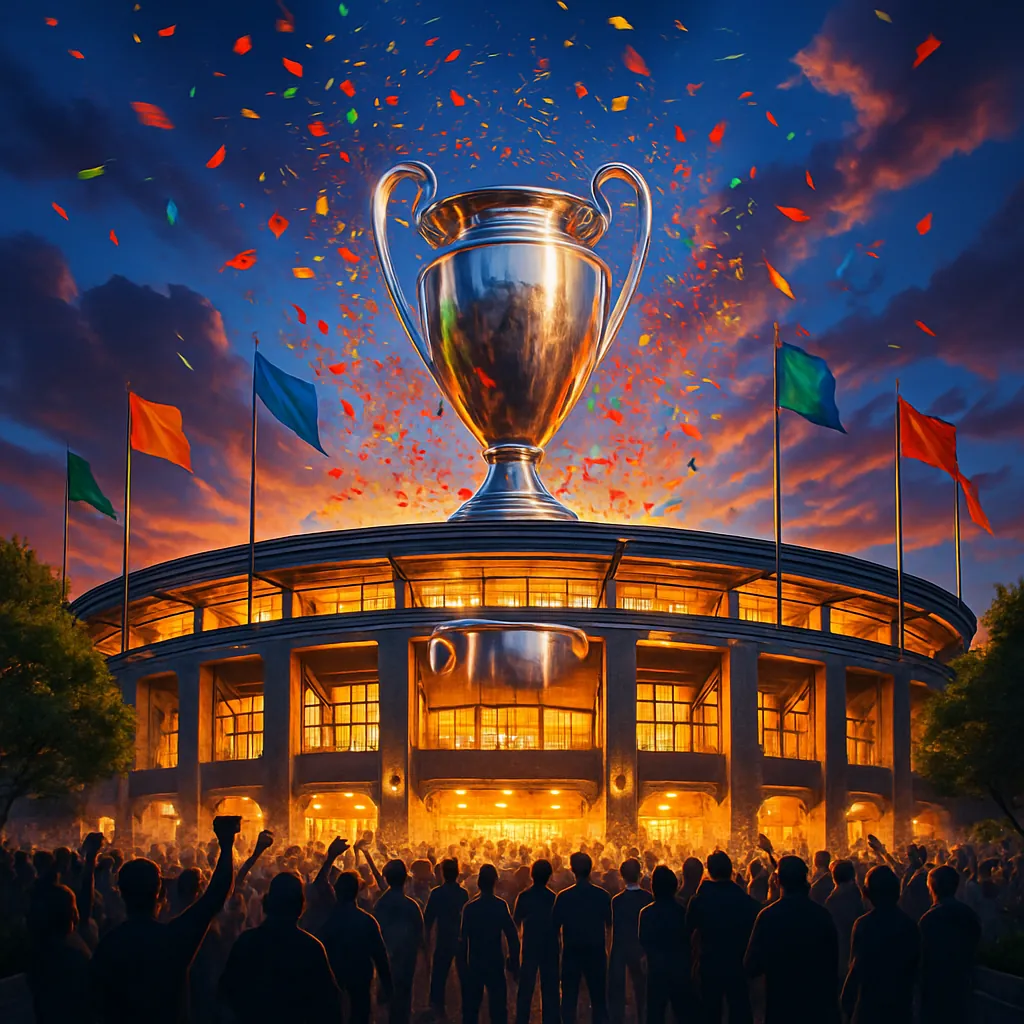 This vibrant image captures the exterior of a stadium at dusk, where dynamic lighting creates dramatic shadows across its facade.