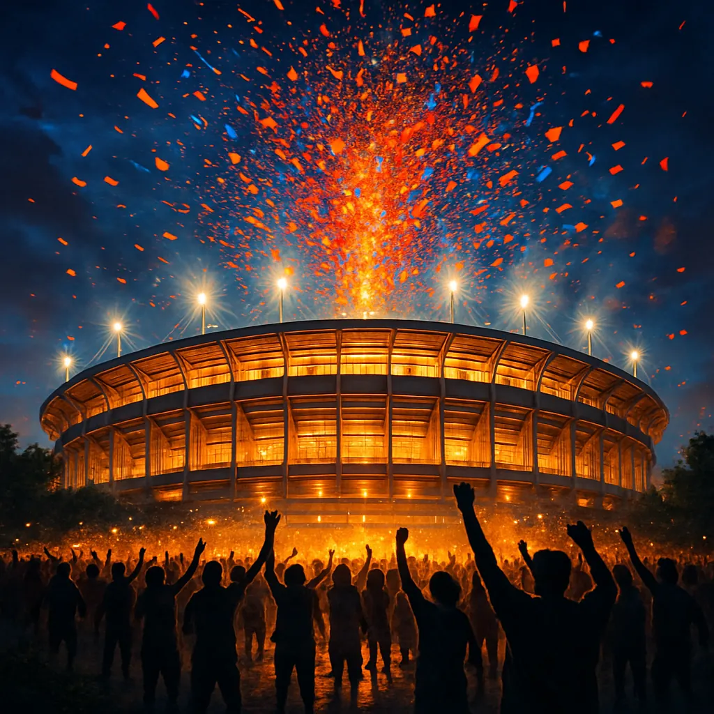 The image captures a vibrant scene outside an illuminated stadium, where a crowd of silhouetted figures raises their arms in celebration.