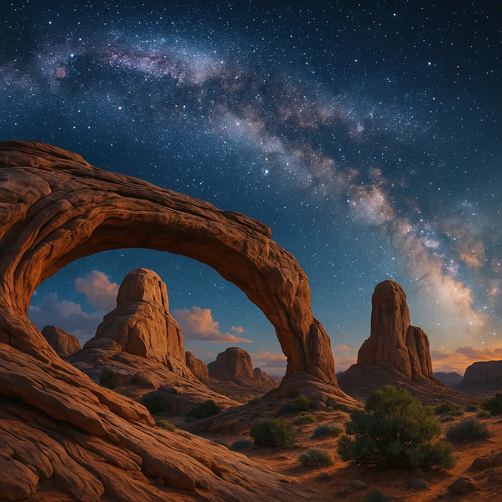 This captivating image showcases the Milky Way arching gracefully over a rugged desert landscape.