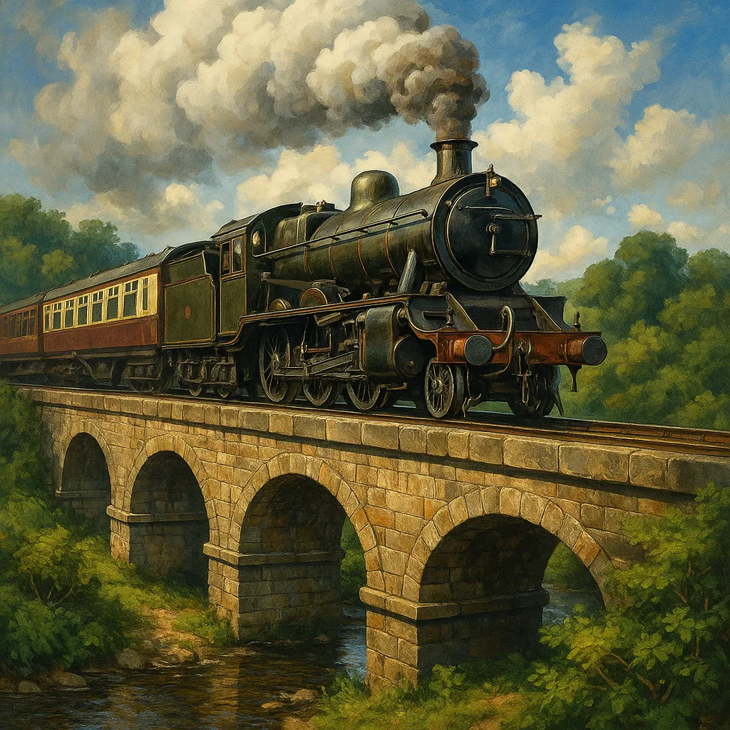 The image depicts a vintage steam locomotive pulling a train across a stone viaduct.