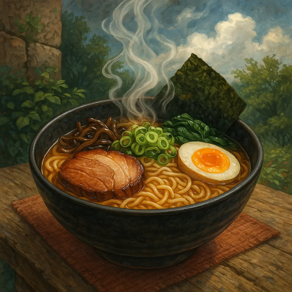 This captivating image showcases a steaming bowl of ramen, artistically composed on a rustic wooden surface.