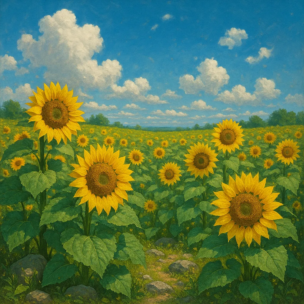 This vibrant image captures a sprawling meadow filled with towering sunflowers under a clear blue sky.